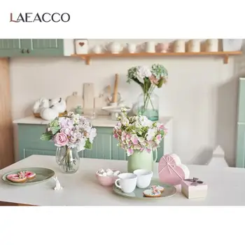 Laeacco Balta Virtuves Pavasara Ziedi Backdrops Par Fotogrāfiju, Koka Skapju Interjera Bērnu Photocall Fona Foto Studija