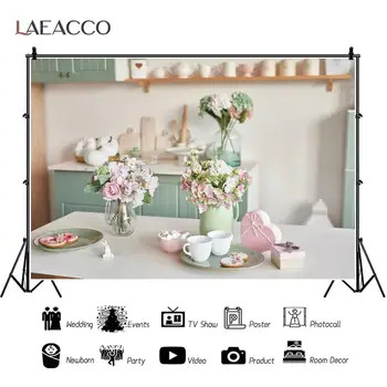 Laeacco Balta Virtuves Pavasara Ziedi Backdrops Par Fotogrāfiju, Koka Skapju Interjera Bērnu Photocall Fona Foto Studija