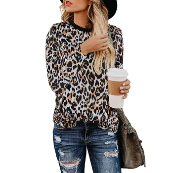 Leopards Drukāt Sieviešu T krekls 2020 Rudens Ziemas o-veida kakla Sievietēm, Topi Gadījuma garām Piedurknēm Dāmas t-veida Topi, Sieviešu Drēbes, T-krekls