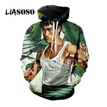LIASOSO Jaunu sporta Krekls pelēkā vārna 3D Drukas Unisex Bruce Lee Li Xiaolong Kongfu Zvaigžņu Kapuci Hoodies Hipster Gadījuma Virsdrēbes A167