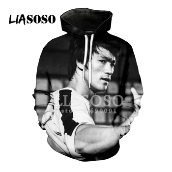 LIASOSO Jaunu sporta Krekls pelēkā vārna 3D Drukas Unisex Bruce Lee Li Xiaolong Kongfu Zvaigžņu Kapuci Hoodies Hipster Gadījuma Virsdrēbes A167