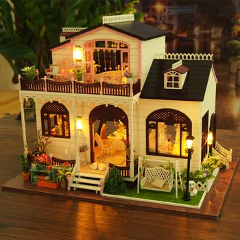 Lielo izmēru DIY namiņš villa koka leļļu māja Miniatūras Ēkas Modeli, Mēbeles Casa De Boneca-Bowness Draudze