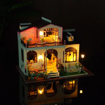 Lielo izmēru DIY namiņš villa koka leļļu māja Miniatūras Ēkas Modeli, Mēbeles Casa De Boneca-Bowness Draudze