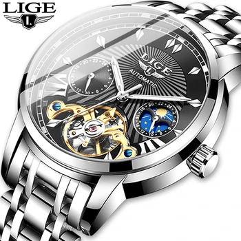 LIGE Vīriešu luksus Automātiskā Mehāniskā Skatīties Klasiskie Biznesa Skatīties Vīrieši Tourbillon Ūdensizturīgs Vīriešu rokas Pulkstenis Relogio Masculino+Kaste