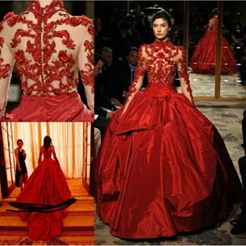 Luksusa Red Augsta Kakla Vakara kleita ar garām piedurknēm ar Mežģīņu balles Kleitas milzīgais balli vestido de festa puse kleita māte no līgavas kleitas