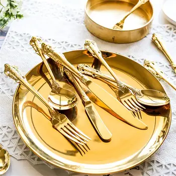 Luksusa Zelta Vakariņas Uzstādīt Vintage Western Gold Plated Galda Piederumi No Nerūsējoša Tērauda Nazi, Dakšiņu Komplekts Sudraba Dinnerware Sudraba Galda Piederumi