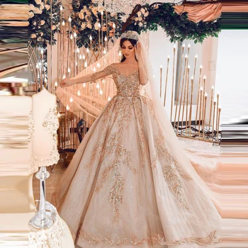 Luksusa Šampanieša Kāzu Kleitas Ziedu Mežģīnes Appliques Zelta Fāzēm Līgavas Plus Lieluma Bumbu Kleita Kāzu Goens Pielāgotus, Arābu