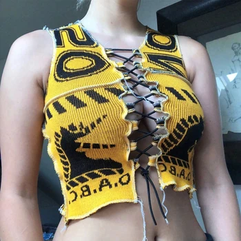 LVINMW Sexy Piedurknēm Dobi No Mežģīnēm Līdz Burtu Drukas Dzeltena Kultūraugu Top Sieviete Slim Modes Topi Sievietēm Streetwear