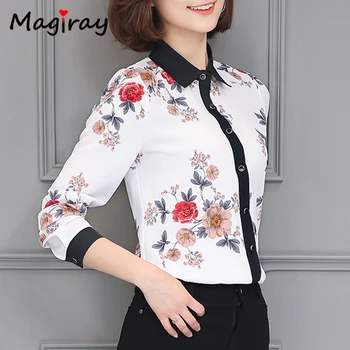 Magiray Ziedu Elegants Sieviešu Blūze Ar Garām Piedurknēm Atloks, Atšķirībā Vintage Plus Lieluma Biroja Dāma Balts Krekls Korejiešu Sieviete Top C462