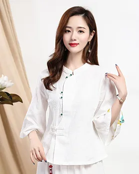 Mandarin Apkakles Drukāt Zieds Tang Apģērbu Jauno Dāmu Topi Lielajam 3XL Tradicionālo Blūze Elegants Sievietes Puses Vintage Drēbes