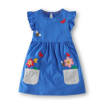 Maz bitty 3-12T baby meitenes jauno paredzēti karikatūra kleitas ar aplikācijas daži cute tauriņi bērniem piedurknēm, vasaras apģērbu Kleita