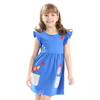 Maz bitty 3-12T baby meitenes jauno paredzēti karikatūra kleitas ar aplikācijas daži cute tauriņi bērniem piedurknēm, vasaras apģērbu Kleita