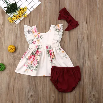 Meitene Drēbes 3PCS Baby Toddler Meitenes šortiņos Ziedu Drukāt Kleita+Bikses, īsās bikses-Šorti+Galvas Apģērbs Komplekti