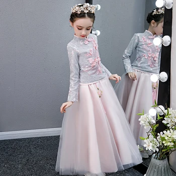 Meitenes, Mežģīņu Izšuvumi Cheongsam Kleita Baby Princese Kleita Kāzu Tīņi Puse Vestidos Meitenes Ziedu Ķīniešu Jaunais YearClothing