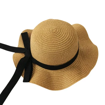 Meiteņu Vasaras Klp Melnu Lenti Izrotāt Viļņotas Salmu Cepure Meitenēm Bērniem Panamas Cepure Kids Sun Klp Bērnu Pludmales Cepures