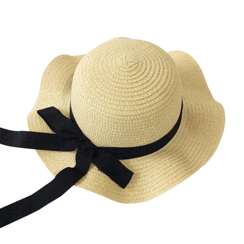 Meiteņu Vasaras Klp Melnu Lenti Izrotāt Viļņotas Salmu Cepure Meitenēm Bērniem Panamas Cepure Kids Sun Klp Bērnu Pludmales Cepures