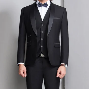 Melns Līgavainis Uzvalku Kāzu Balli Vīriešu Uzvalki 3 Gabals Smēķēšanas Oficiālu Slim Fit Ceremonija Vīriešu Apģērbu Komplekts Veste, Jaka Bikses