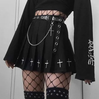 Melns Punk Mini Svārki Streetwear Augsta Vidukļa Harajuku Rock Sieviešu Svārki ar Augstu Jostas Mini Svārki Kroku Kostīms Svārki par Goth Girl