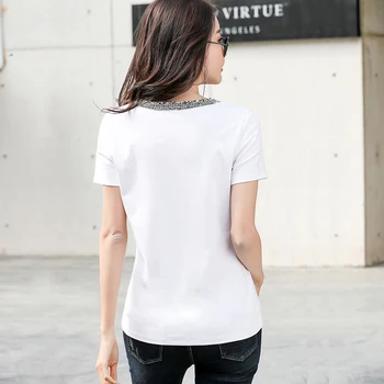 Melns V-Veida Kakla T-Krekls Balts Frēzēšana Raibs T Krekls Sievietēm 2020. Gada Vasaras Topi Jauns Korejiešu Stila Apģērbu, Sieviete Sievieti T Femme