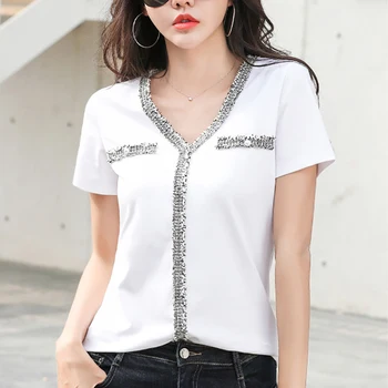 Melns V-Veida Kakla T-Krekls Balts Frēzēšana Raibs T Krekls Sievietēm 2020. Gada Vasaras Topi Jauns Korejiešu Stila Apģērbu, Sieviete Sievieti T Femme