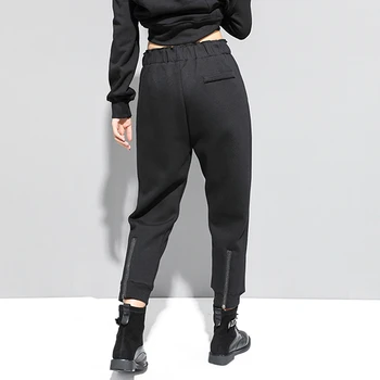 Melns Vintage Elastīgs Viduklis Harēma Bikses, Sievietēm, Jaunas 2021. Gada Pavasara Modes Savienoti Burr Rāvējslēdzēju Zaudēt Gadījuma Bikses Sievietēm Streetwear