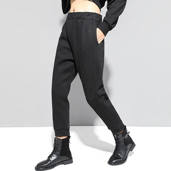 Melns Vintage Elastīgs Viduklis Harēma Bikses, Sievietēm, Jaunas 2021. Gada Pavasara Modes Savienoti Burr Rāvējslēdzēju Zaudēt Gadījuma Bikses Sievietēm Streetwear
