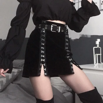 Metāla Sprādzes Gothic Sadalīt Sieviešu Mini Svārki Harajuku Fashion Black High-starām. Y2K Līnijas Īsā korejas Svārki 90s Iamhotty