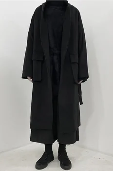 Minimālisma stilā Yoji Yamamoto tumši vēja garās vilnas mētelis, jaka vīriešiem un sievietēm