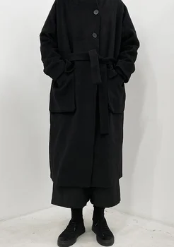 Minimālisma stilā Yoji Yamamoto tumši vēja garās vilnas mētelis, jaka vīriešiem un sievietēm