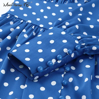 Mnealways18 Puff Sleeve Blue Polka Dot Kleita Sievietes, V-Veida Kakla Drukāt Satīna Kleita Puse Nakts Ir 2021. Dāmas Elegantas Plisētās Garās Kleitas