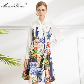 MoaaYina Modes Dizainera kleita Pavasara Sieviešu Kleita ar garām piedurknēm Kristāla Dubultā krūtīm, Ruffles Floral-Print Kleitas