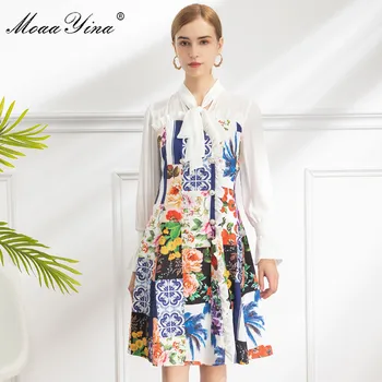 MoaaYina Modes Dizainera kleita Pavasara Sieviešu Kleita ar garām piedurknēm Kristāla Dubultā krūtīm, Ruffles Floral-Print Kleitas