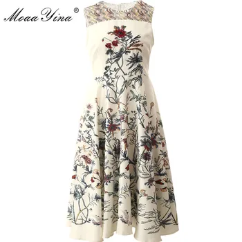 MoaaYina Modes Dizainera kleita Pavasara Vasaras Sieviešu Kleita bez Piedurknēm Fāzēm Ziedu Drukāt Slim Vintage Elegants Kleitas
