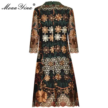 MoaaYina Modes Dizainera kleita Rudens Sieviešu Kleita Frēzēšana Acs Ziedu Izšuvumu Vintage augstas kvalitātes Kleitas