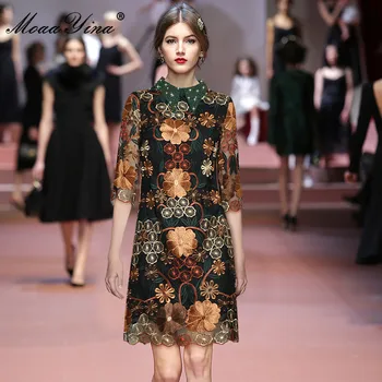 MoaaYina Modes Dizainera kleita Rudens Sieviešu Kleita Frēzēšana Acs Ziedu Izšuvumu Vintage augstas kvalitātes Kleitas