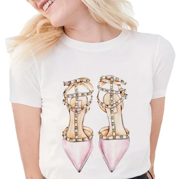 Modes Akvareļu ilustrācijas augstpapēžu kurpes, T-Krekls Sievietēm Iespiests T Krekli O-veida kakla Mīksto Īsām Piedurknēm Gadījuma Balts Tops S1730