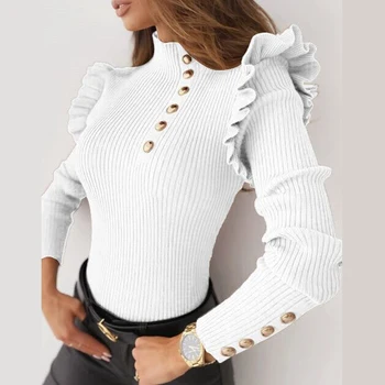 Modes augstu uzrullētu apkakli Long Sleeve Melns Balts T Krekls Sievietēm 2020 Rudens Ziemas Pogas Ruffles Top T-krekls Sieviete Tshirt