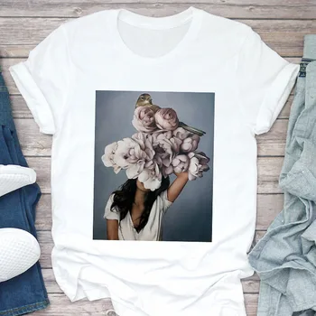 Modes Gadījuma T Krekls, Sieviešu Apģērbs Jaunu Harajuku Estētika Tshirt Sievietes Sexy Ziedi Spalvu Drukāt Īsām Piedurknēm Topi Un T-Veida