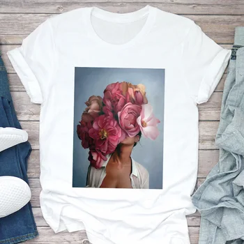 Modes Gadījuma T Krekls, Sieviešu Apģērbs Jaunu Harajuku Estētika Tshirt Sievietes Sexy Ziedi Spalvu Drukāt Īsām Piedurknēm Topi Un T-Veida