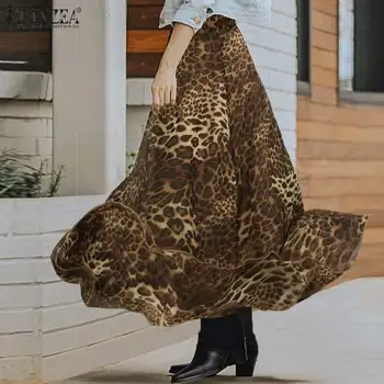 Modes Ilgi Leoparda Svārki ZANZEA 2021. gada Vasarā Sievietēm, kas Augsti Elastīgs Viduklis Iespiesti Svārki Gadījuma Zaudēt Puse Pludmales Svārki Faldas 5XL