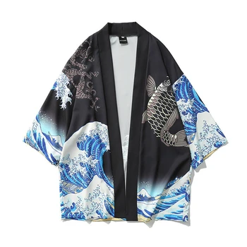 Modes Mētelis Japānas Dzērves, Drukāšanas Kalmārs Vilnis Kimono Jaka Plānas Krekls Vīriešu 3/4 Piedurknēm Gadījuma Iela Garš Krekls ar Apmetni