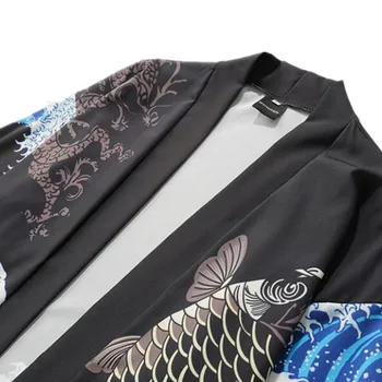 Modes Mētelis Japānas Dzērves, Drukāšanas Kalmārs Vilnis Kimono Jaka Plānas Krekls Vīriešu 3/4 Piedurknēm Gadījuma Iela Garš Krekls ar Apmetni