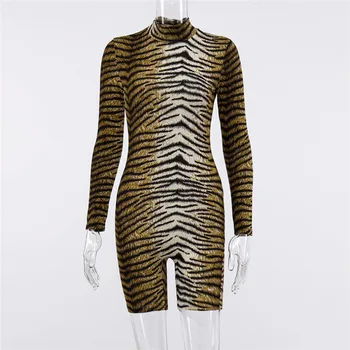 Modes Sievietes Ar Garām Piedurknēm Leopards Drukāt Jumpsuit Romper Augstu Uzrullētu Apkakli Bodycon Playsuit Clubwear Garām Piedurknēm Puse Bikses 2019 Jaunas