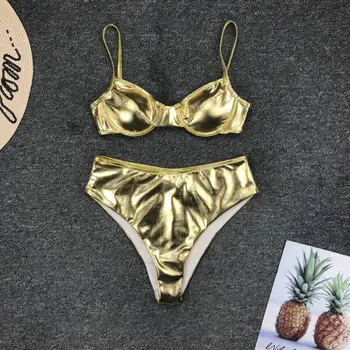 Modes Sievietes Pārsējs Push-up Trīsstūris Peldkostīmi Peldvietu Polsterētām Krūšturis Bikini, Vasaras Peldkostīmu Komplekts Zelta