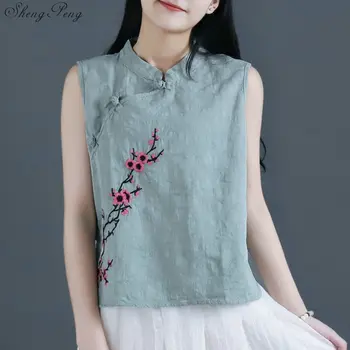 Modes Slim Cheongsam Kokvilnas Veļa Vintage Slīpā Pogas Qipao Krekls Sievietēm Ar Īsām Piedurknēm Blūze Ķīniešu Tradicionālās Top Q199