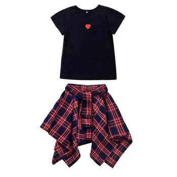 Modes Vasaras Pusaudžu Meiteņu Apģērba Komplekts Bērniem Topi Kultūraugu + Pleds Svārki Tīņi Meitenēm Pusaudžu Apģērbu Komplekts 2 Gabali Tracksuit