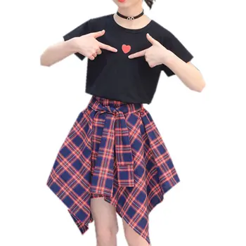 Modes Vasaras Pusaudžu Meiteņu Apģērba Komplekts Bērniem Topi Kultūraugu + Pleds Svārki Tīņi Meitenēm Pusaudžu Apģērbu Komplekts 2 Gabali Tracksuit
