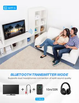 MPOW Modernizētas Bluetooth 5.0 Raidītājs Uztvērējs 2-in-1 Bluetooth Adapteris ar aptX HD Audio SR8675 Dual Link Auto/Mājas TV