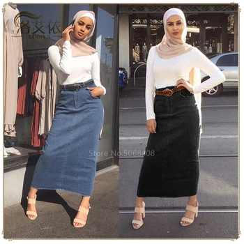 Musulmaņu Abaya Sieviešu Džinsa Dubaija Ilgi Zīmuli Svārki Kleita, Hijab Turku Islāma Apģērba Augsta Vidukļa Femme Maxi Arābu Bodycon Svārki