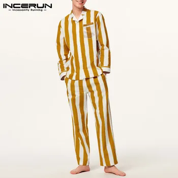 Mājīgs Sleepwear Uzvalks Vīriešu Zaudēt Homewear INCERUN Atpūtas Striped Pajamas Komplekti Vīriešiem Garās Piedurknes Atloks, Krekli, Elastīgās Bikses Komplekti 7